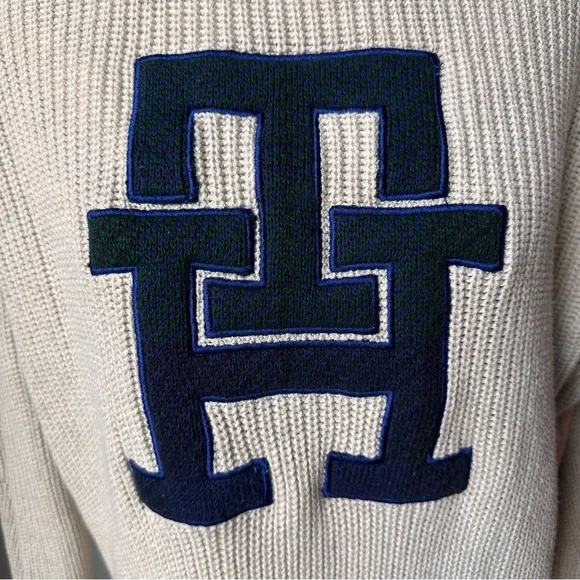Tommy Hilfiger Monogram Applique Mock Neck Sweater Large Varsity Chunky Knit - Picture 3 of 8
